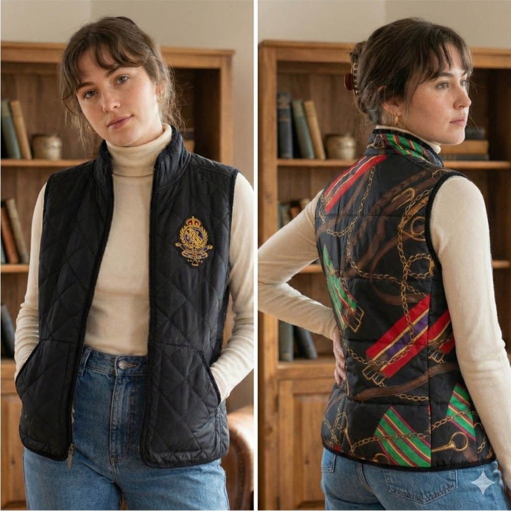 VTG Lauren Ralph Lauren Women Black Equestrian Two Side Quilted Vest Size 3X